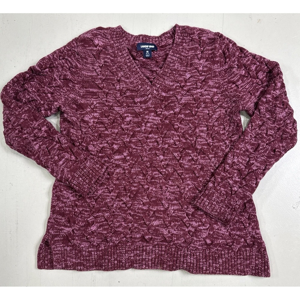 Lands End Sweater Women Medium  Burgundy Drifter Basket Weave Crewneck Knit